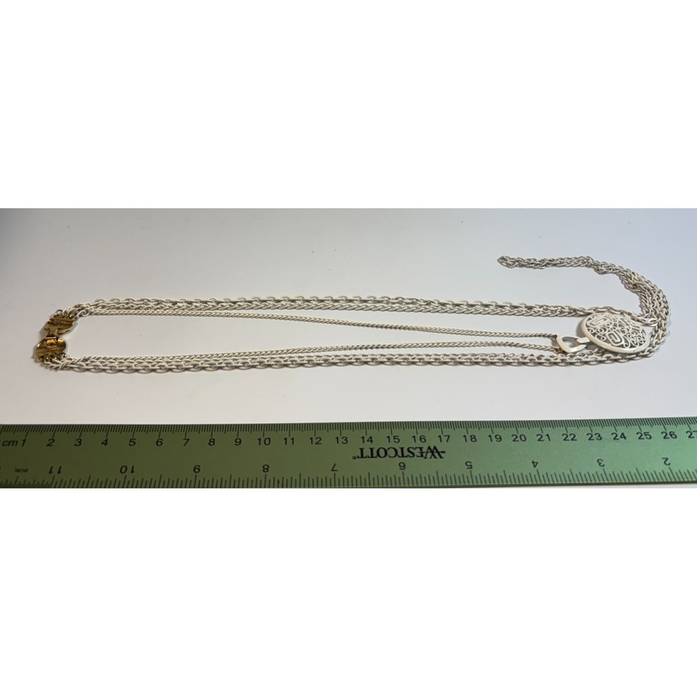 Triple Strand Necklace White Enamel Filigree Pendant Boho Chic Minimalist 90s - Picture 7 of 7